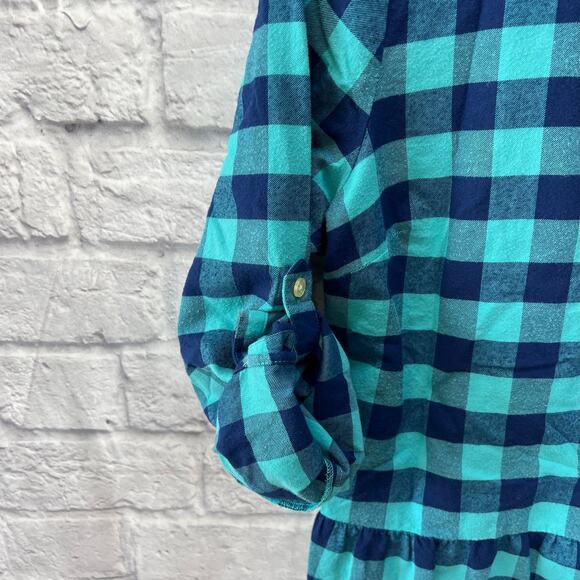 Vineyard Vines Blue Plaid Button Down Flannel Shirt Size 12 Peplum Hem Roll Tab - Picture 5 of 7